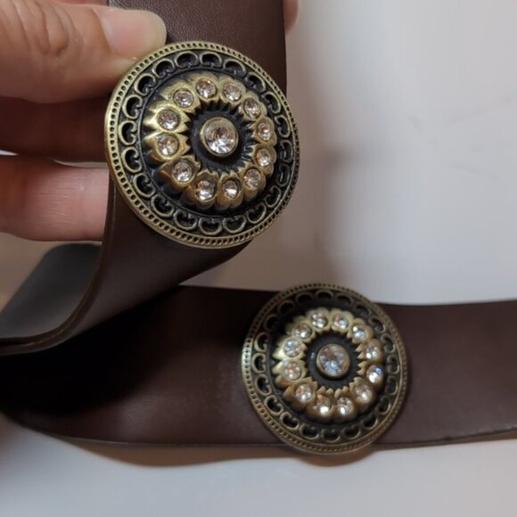 Xcetera Womens Western Belt Carved Brass Buckle Rhinestone Brown Faux Leather - Picture 4 of 9